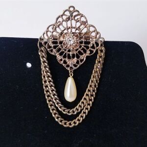 Victorian gold double chain pearl rhinestone dangle statement brooch
